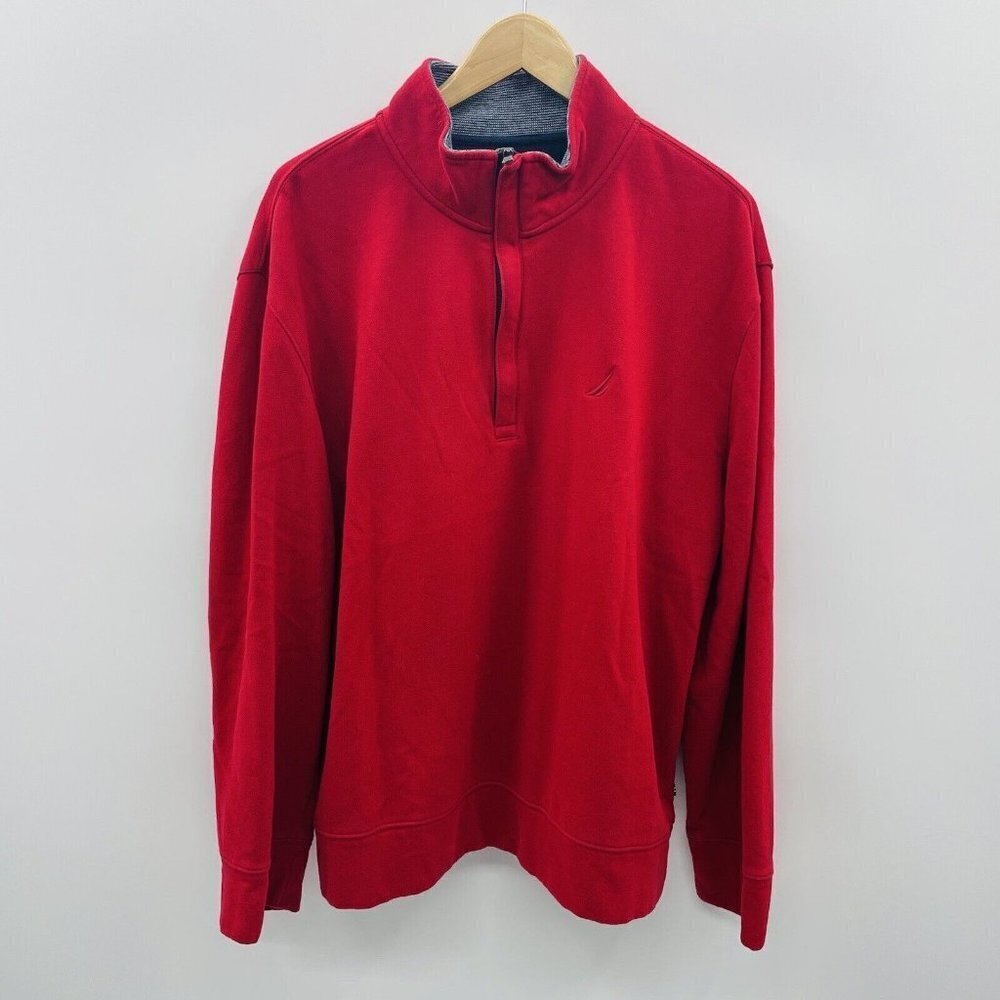 Nautica Mens Size XL 1/4 Zip Mock Neck Fleece Lined Pullover Sweatshirt in Red